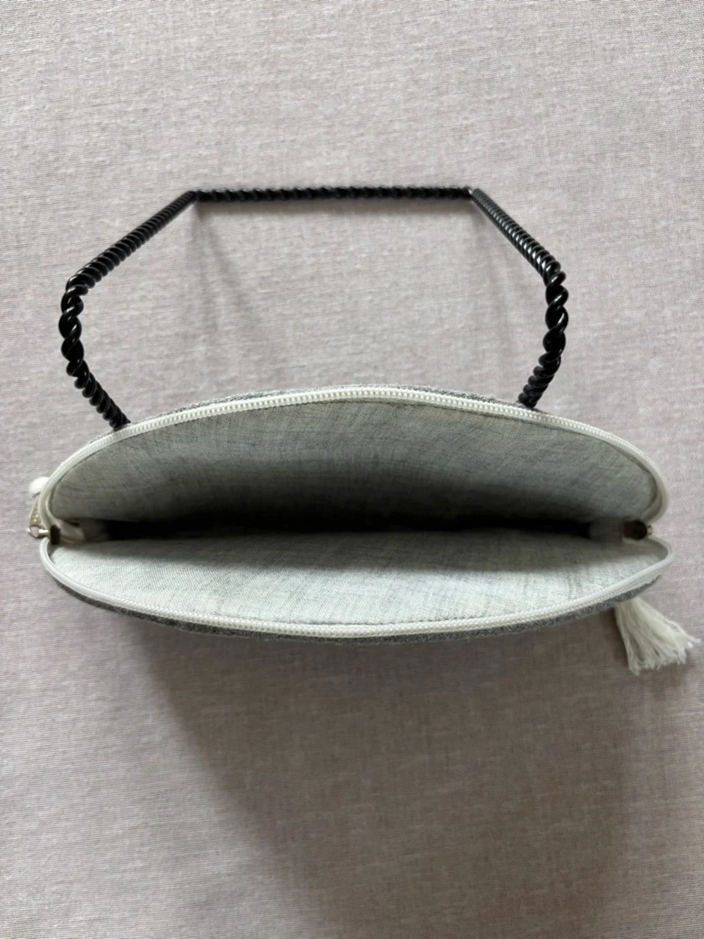 Grey embroidered floral half moon whimsical coquette clutch bag.